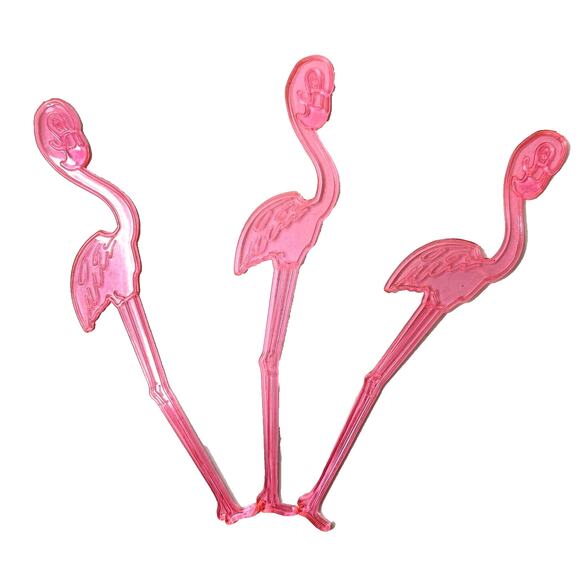 Lot of 3 Vintage Pink Flamingo Swizzle Stick Cocktail Drink Stirrer 6 in Tall - Picture 2 of 3